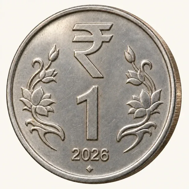 A one-rupee coin dated 2026