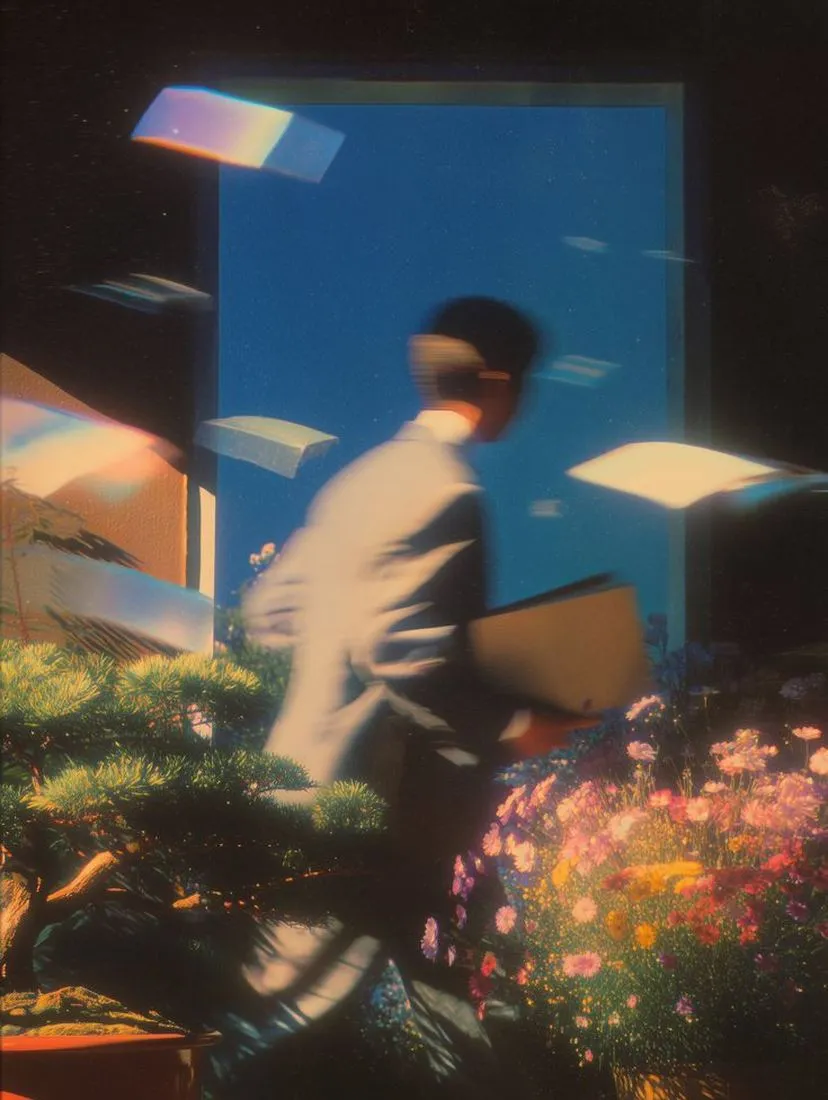 A figure in a light suit walking past a blue doorway while loose sheets of paper drift through the air.